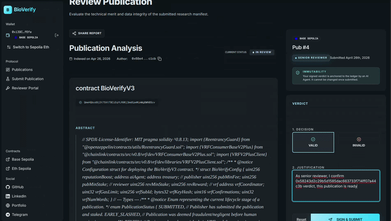 Telegram bot shows PUBLISHED status; the publication detail page resolves the final verdict CID from IPFS after the senior reviewer's tie-break